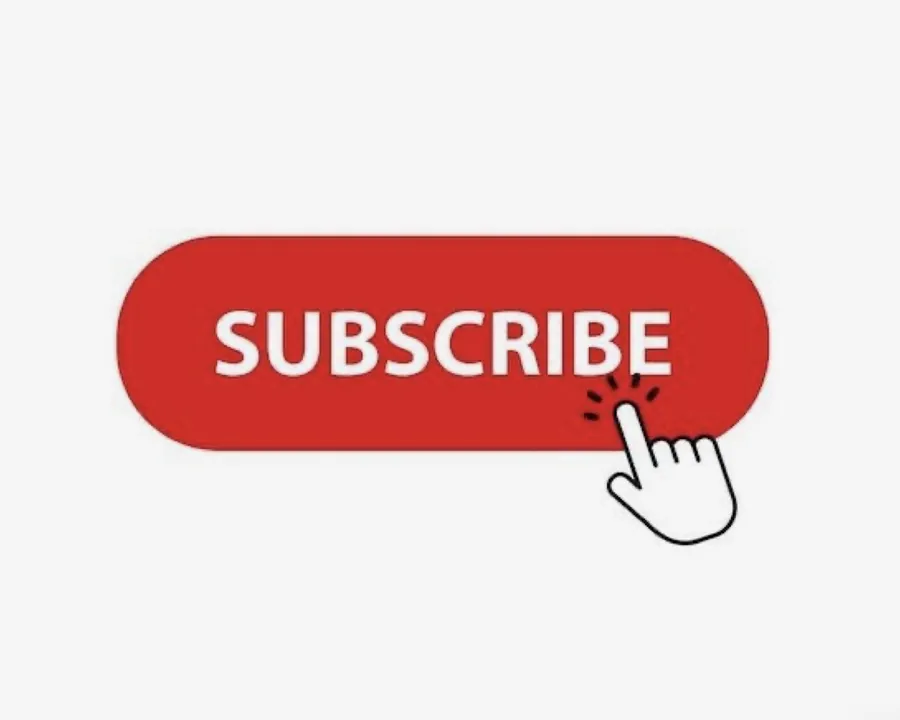 Red “Subscribe” button with white text and a hand cursor icon clicking on it, isolated on a light gray background.