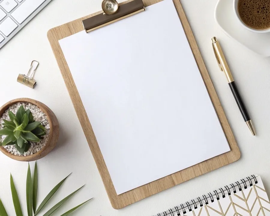 Flat lay of a light-toned workspace: a wooden clipboard with a blank sheet of paper in the center, a black and gold pen beside it, a cup of coffee, a keyboard, a notebook with a geometric pattern, a metal binder clip, and a small potted succulent.