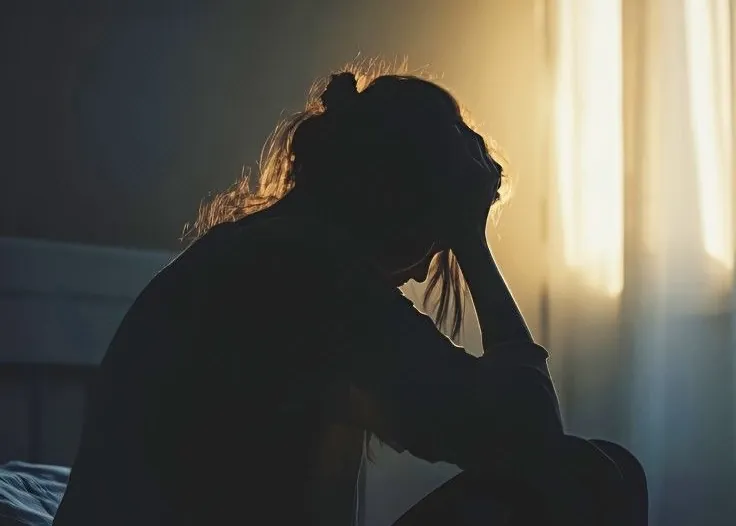 A silhouette of a woman sitting on a bed in a dimly lit room, her head resting in her hand. Warm light from a window behind her outlines her profile and hair, creating a quiet, contemplative atmosphere that suggests fatigue, stress, or deep thought.