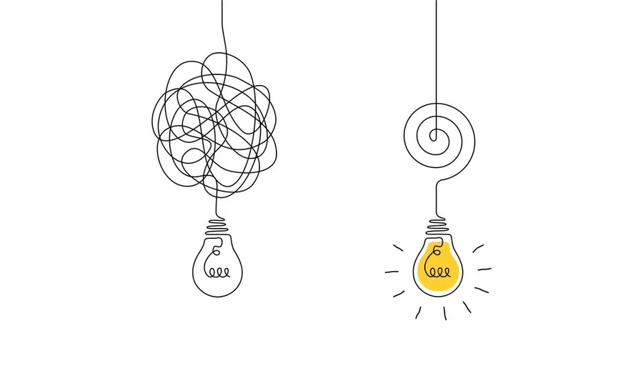 A minimalist illustration showing two hanging light bulbs. On the left, a tangled, chaotic line leads into an unlit bulb, symbolizing confusion or scattered thoughts. On the right, the line forms a smooth spiral flowing into a glowing yellow bulb, representing clarity, focus, and a clear idea.