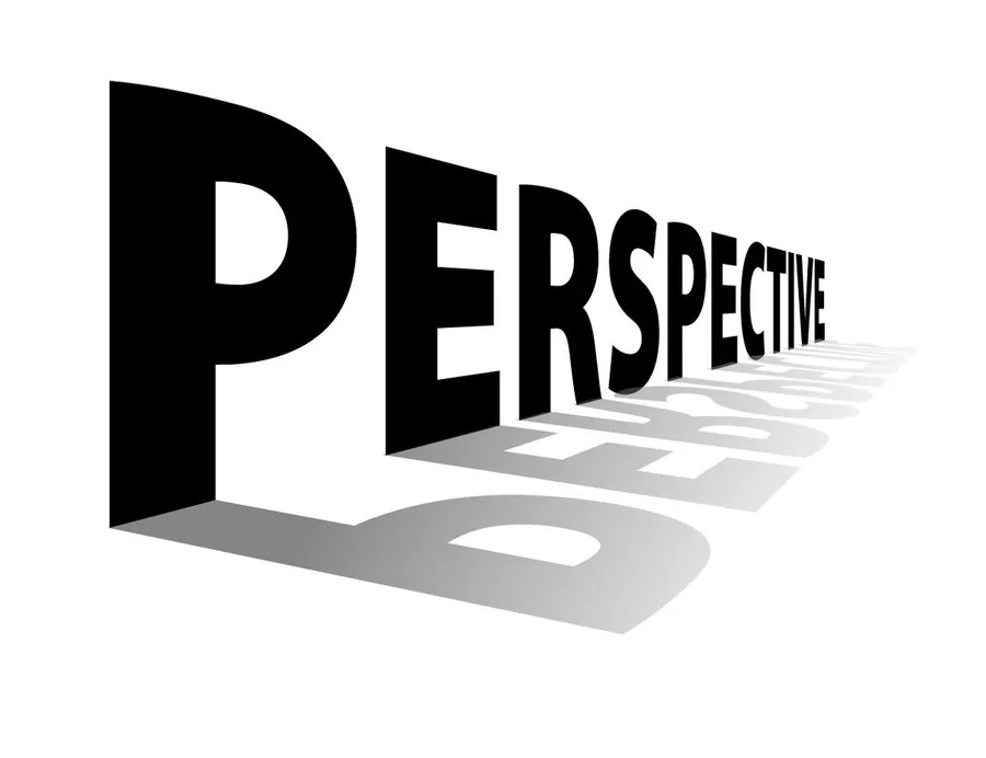 The word “PERSPECTIVE” displayed in large black 3D letters stretching into the distance, with elongated shadows emphasizing depth and visual perspective against a white background.