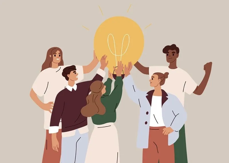 Illustration of a diverse group of five people standing together and raising their hands to hold a large glowing light bulb above them, symbolizing teamwork, shared ideas, and collaborative problem-solving.