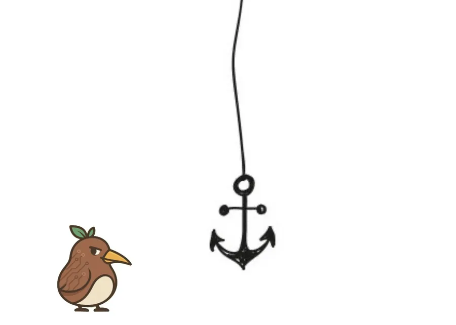 A minimalist illustration of a small brown kiwi bird standing on the left, looking toward a black hand-drawn anchor hanging from a thin line against a light gray background.