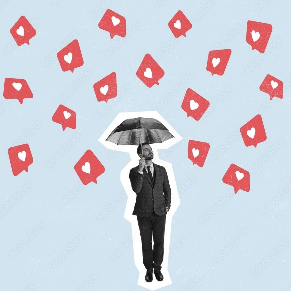 A collage-style image of a man in a suit holding an umbrella while red social media “like” icons with hearts fall around him, symbolizing attention, engagement, or sudden popularity on social platforms.