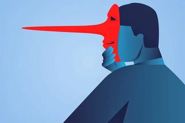 An illustration of a person holding a long red Pinocchio-like nose mask over their face, symbolizing deception, false identity, or hidden truth.