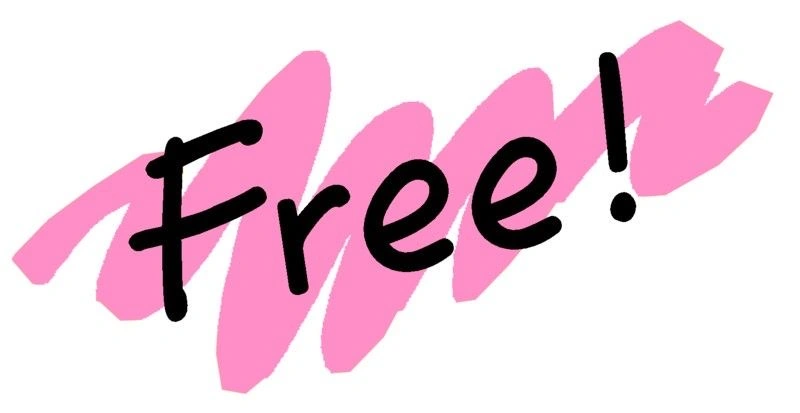 The word “Free!” written in bold black letters over a pink brushstroke background