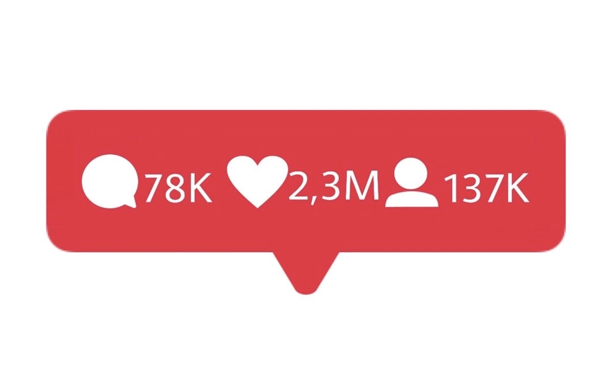 A red social media notification bar showing engagement metrics, including 78K comments, 2.3M likes, and 137K followers, symbolizing high online engagement and popularity.