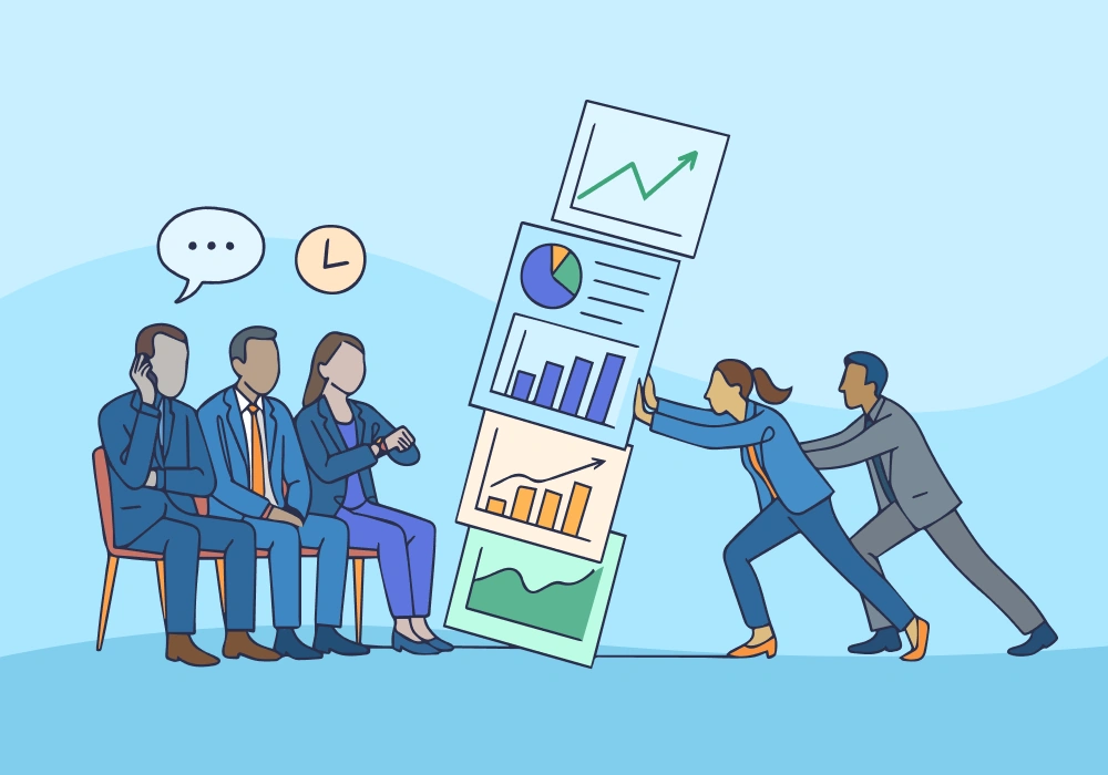An illustration of a business team presenting multiple charts and analytics reports, while others look overwhelmed, symbolizing information overload and the challenge of managing too much data at once.