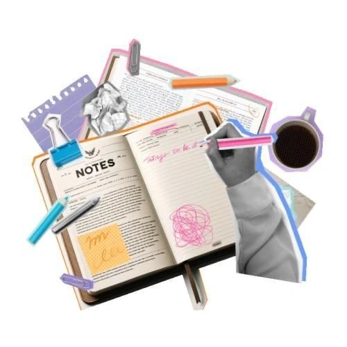 A creative collage-style composition featuring an open notebook labeled “Notes,” surrounded by scattered papers, colorful pens, paper clips, sticky notes, and a cup of coffee, with a hand writing in the notebook, conveying brainstorming, studying, or content planning.