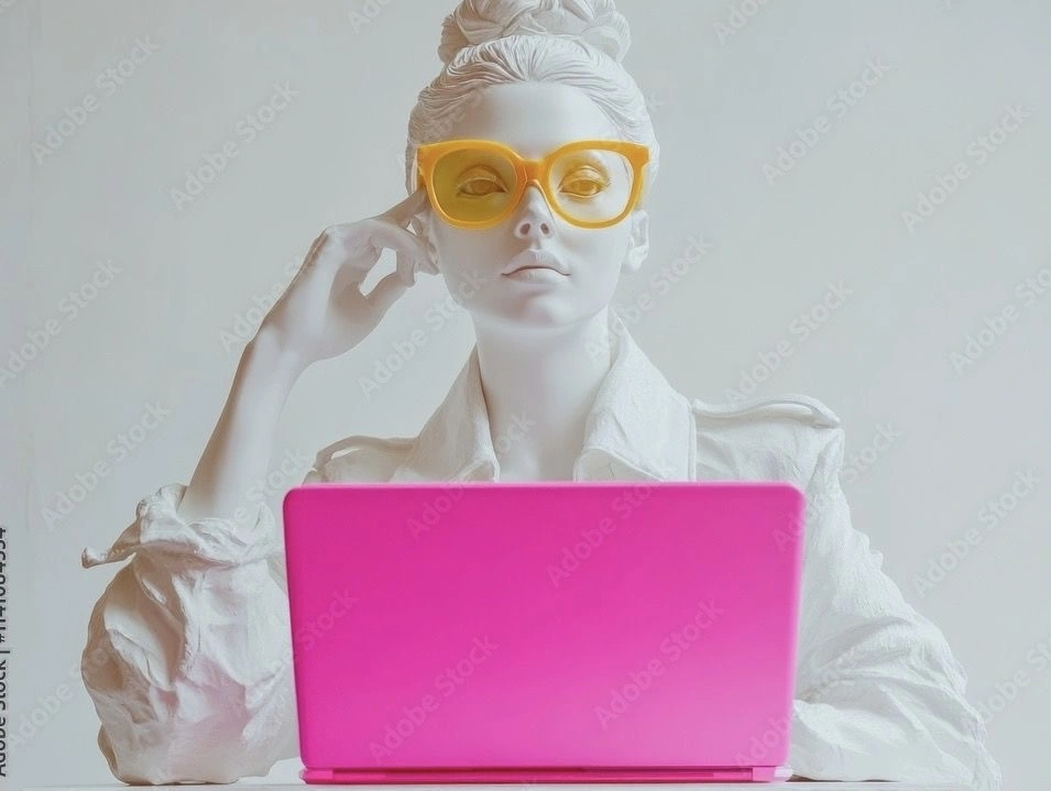 A minimalist white statue of a woman wearing bright yellow glasses, sitting thoughtfully with her hand near her temple while using a vivid pink laptop, combining classical sculpture aesthetics with bold modern colors.