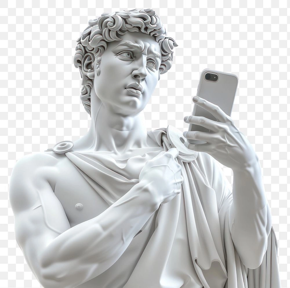A classical marble-style statue resembling Michelangelo’s David holding a smartphone, looking at it with a thoughtful and slightly puzzled expression, blending ancient art with modern technology.
