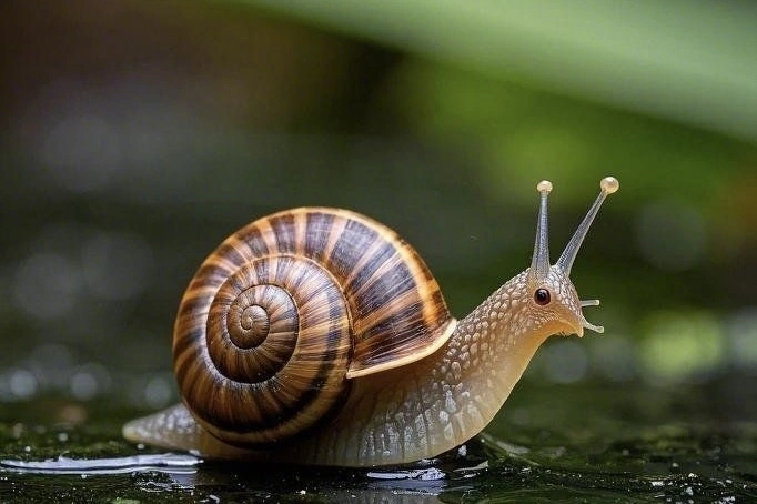 A close-up of a snail with a brown spiral shell slowly moving across a wet surface, with a soft green blurred background highlighting its delicate texture and antennae.