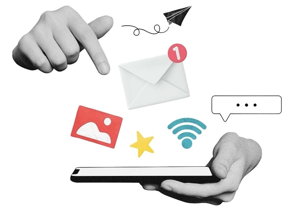 A creative collage of hands interacting with a smartphone, surrounded by floating digital icons like a message notification, envelope, image, Wi-Fi symbol, and chat bubble, representing communication, social media, and online engagement.