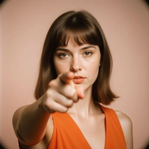 A young woman looking directly at the camera while pointing straight ahead, creating a strong, engaging and slightly confrontational feeling, as if addressing or calling out the viewer.