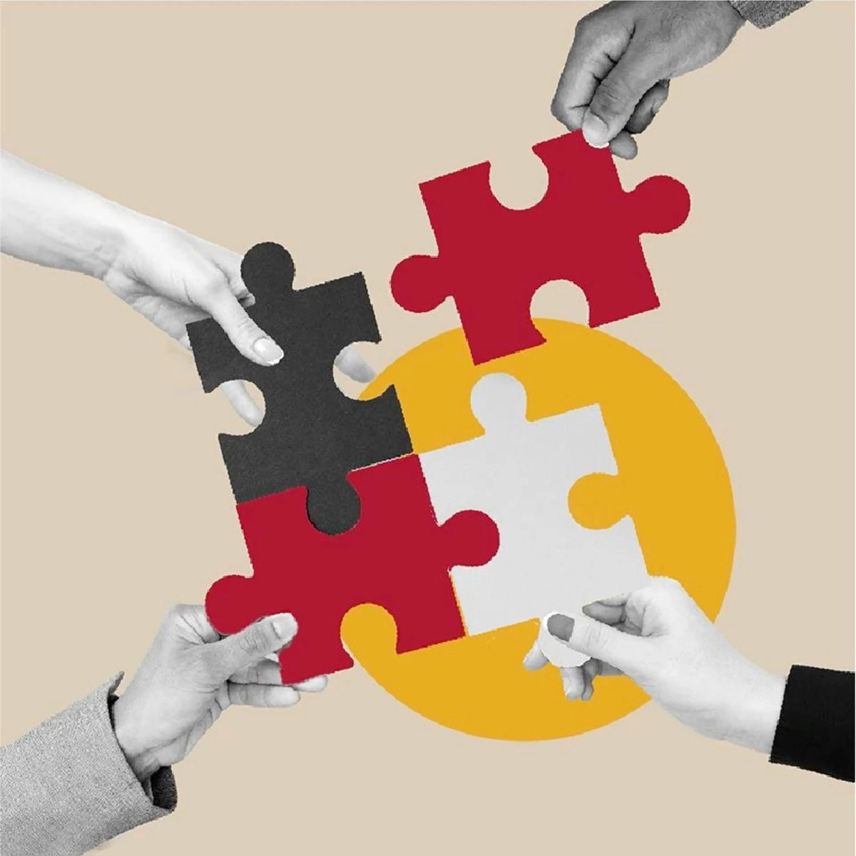 Hands coming together to connect colorful puzzle pieces—red, black, and white—forming a complete circle, symbolizing teamwork, collaboration, and bringing different parts into a unified whole.