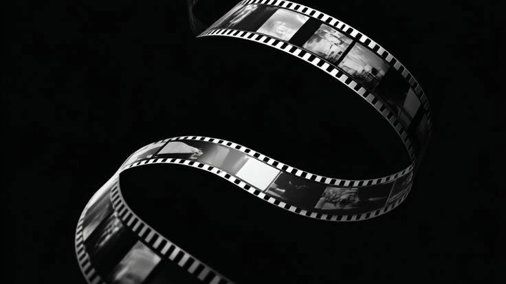 A black-and-white image of a curved strip of photographic film floating against a dark background, symbolizing cinema, storytelling, and the passage of visual moments.