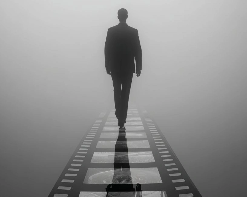 A silhouette of a man in a suit walking forward through fog along a path shaped like a film strip, creating a cinematic and mysterious atmosphere that suggests a journey, storytelling, or moving forward into the unknown.