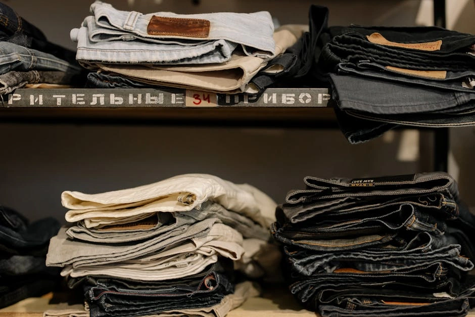 Folded jeans neatly stacked on shelves in a retail store, showcasing various styles and sizes.