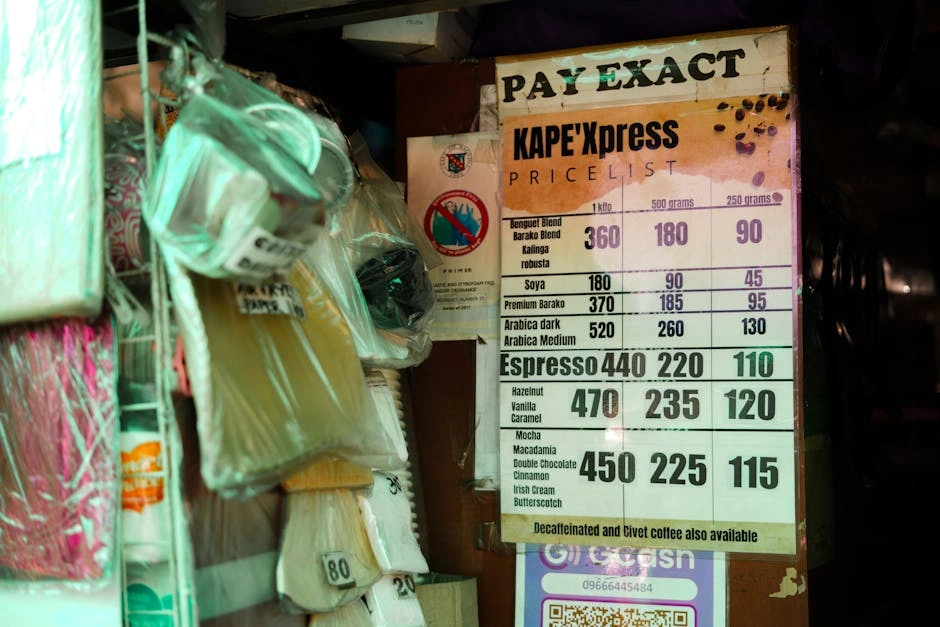 A detailed price list showcasing coffee varieties at a small caf, featuring espresso and special blends.