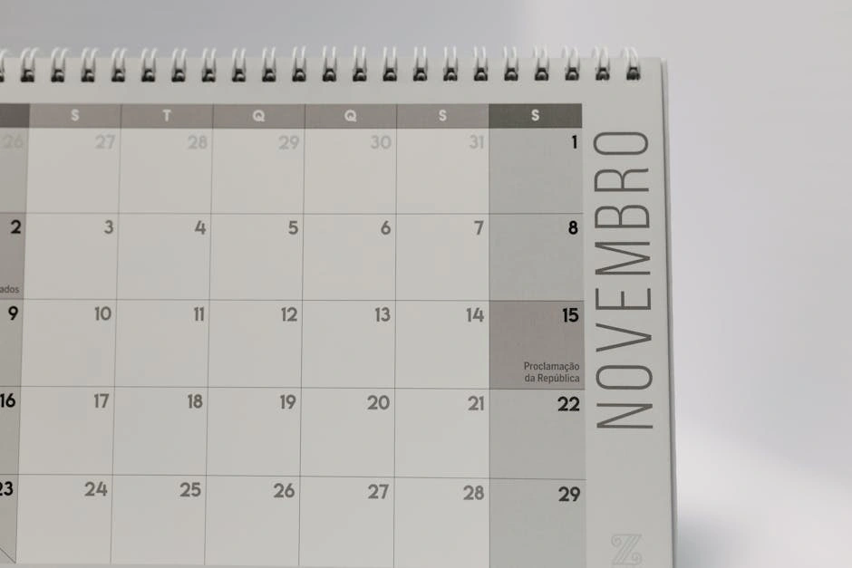 Minimalist November calendar page with spiral binding and highlighted Republic Day in Portuguese.