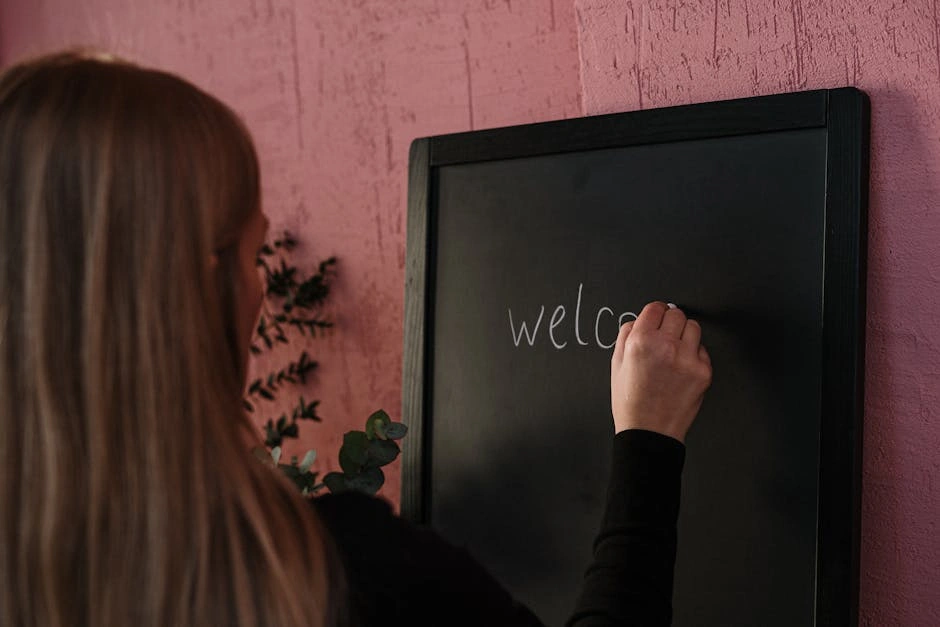 Individual writing 'welcome' on a black chalkboard against a pink wall indoors.