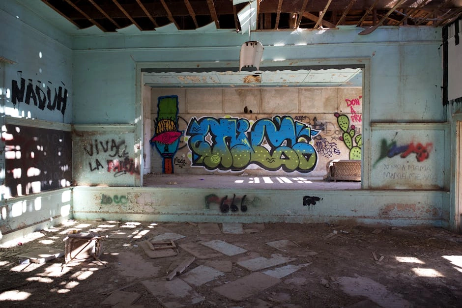 Explore an abandoned interior covered in colorful graffiti, capturing urban decay artistry.