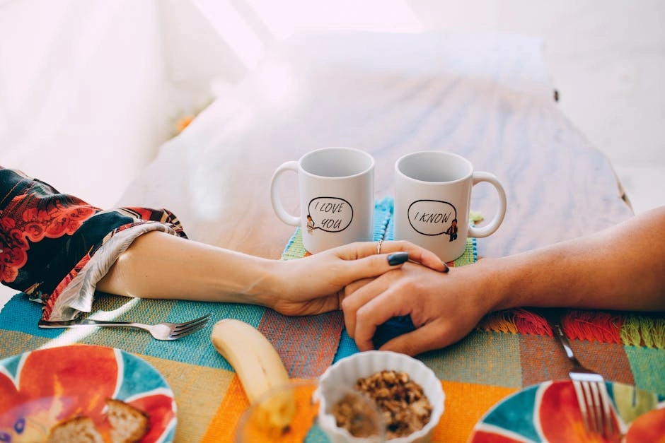 A cozy breakfast scene with two mugs, holding hands, and a colorful table setting.