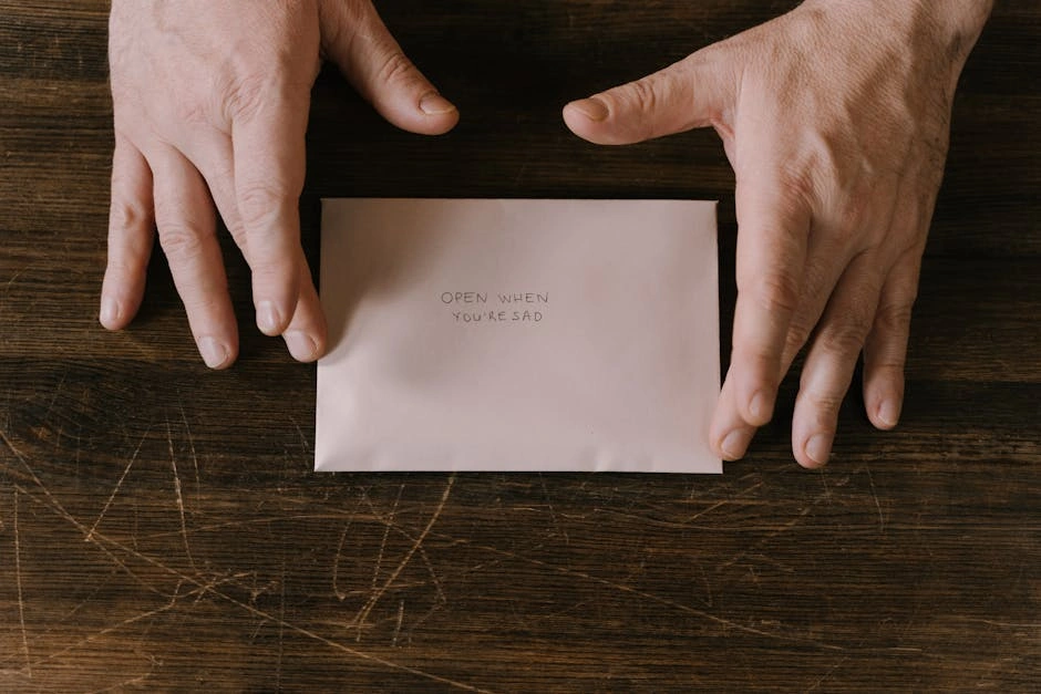Close-up of hands holding a letter reading 'Open When You're Sad' on a wooden surface.