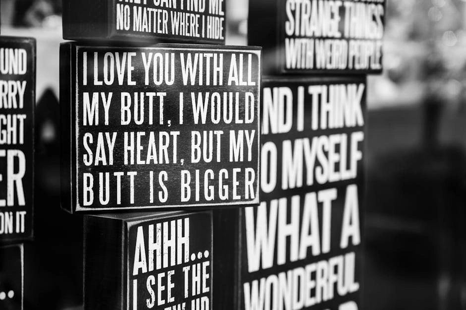 Monochrome arrangement of funny quotes and sayings displayed on a shelf.