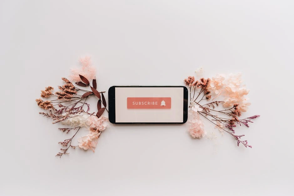 Minimalist flatlay featuring a smartphone with a subscribe screen, surrounded by delicate dried flowers.