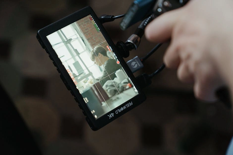 A detailed view of a 4K camera screen displaying a filming scene indoors.