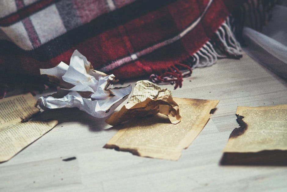 Atmospheric composition of burnt and crumpled papers with a cozy blanket in view.