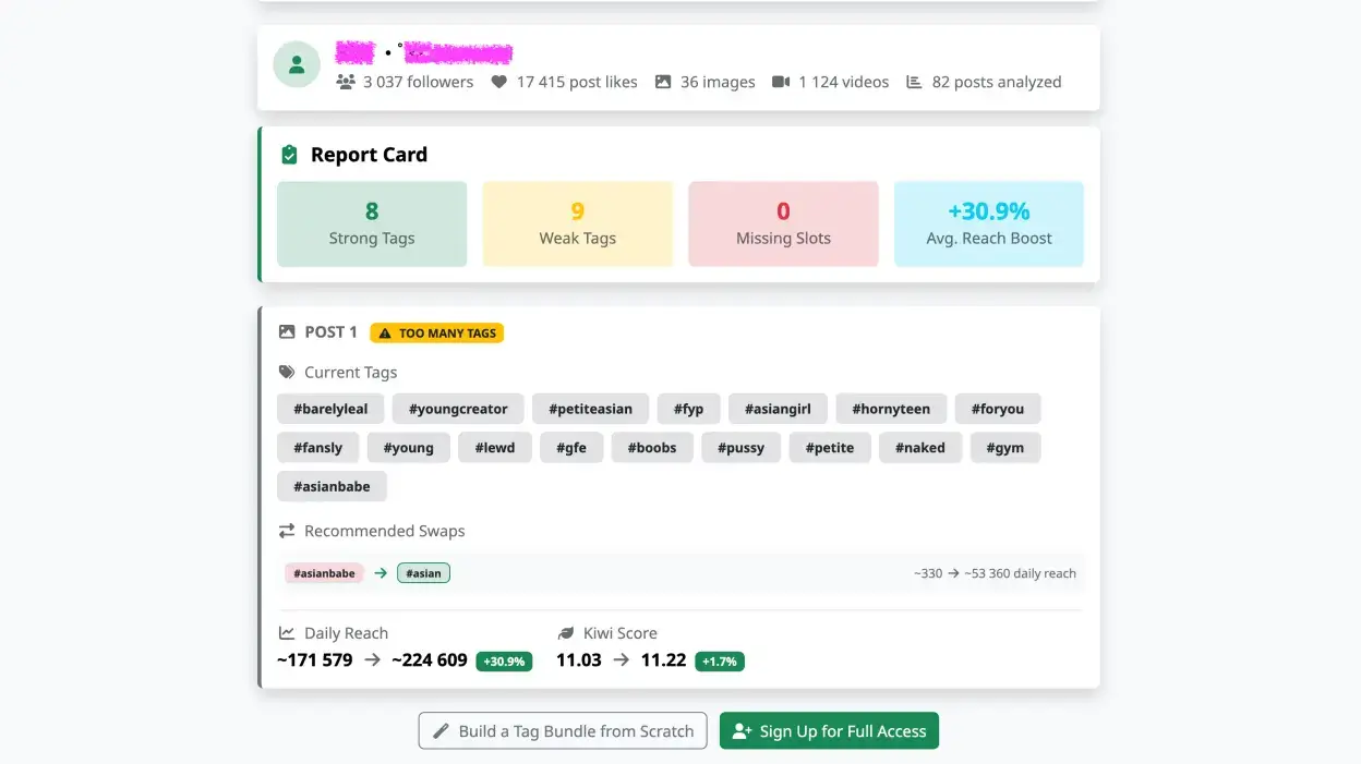 Screenshot of the Profile Analyzer showing tag usage results for a Fansly creator
