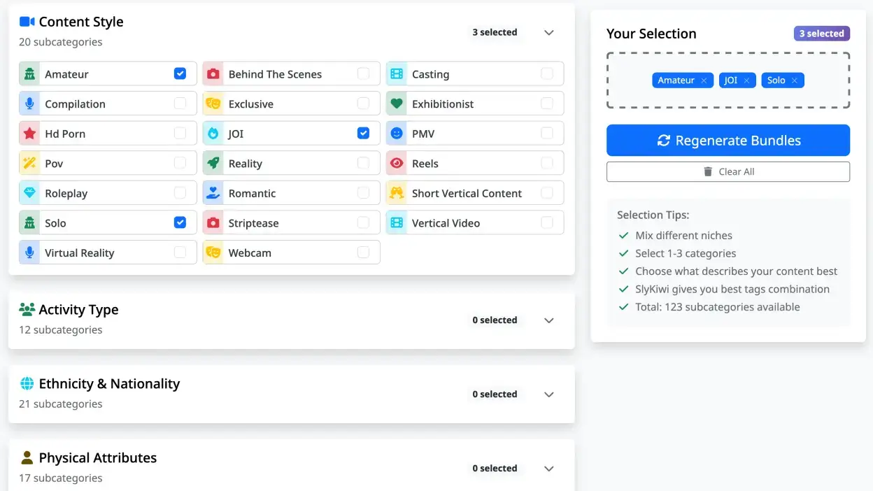 Screenshot of Category Bundles showing tag sets grouped by content niche