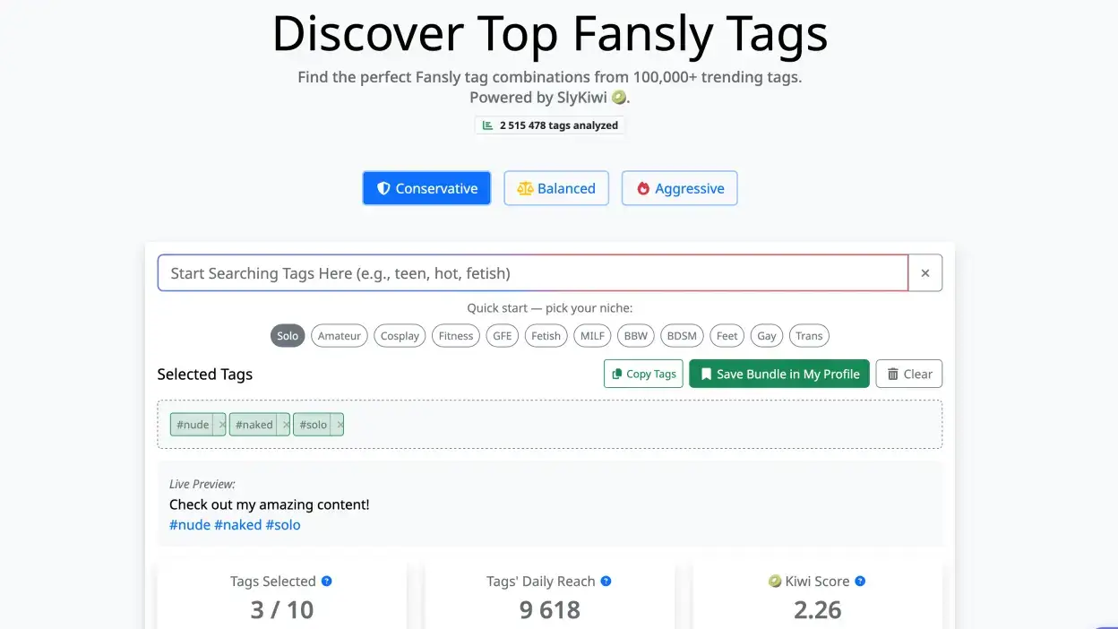 Screenshot of the Tag Generator showing scored tag combinations for Fansly posts
