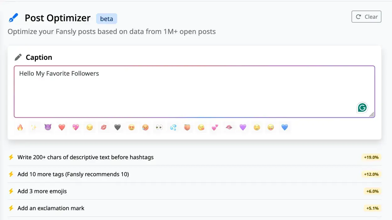 Screenshot of the Post Optimizer scoring a Fansly caption with a 0-100 score