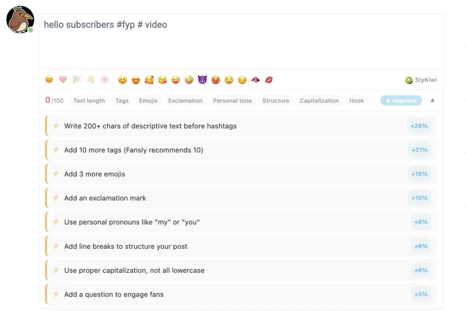 SlyKiwi browser extension panel docked next to the Fansly post composer showing live tag trends