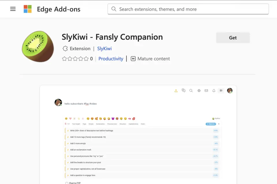SlyKiwi – Fansly Companion listing on Microsoft Edge Add-ons with the Get install button