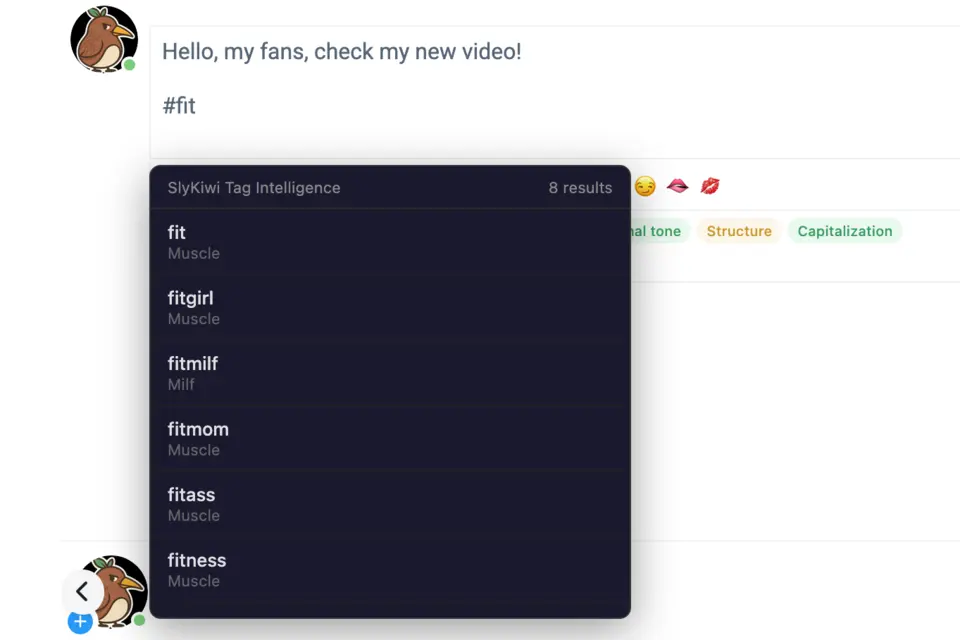 SlyKiwi tag suggestion dropdown appearing inside a Fansly post composer as the creator types #fit